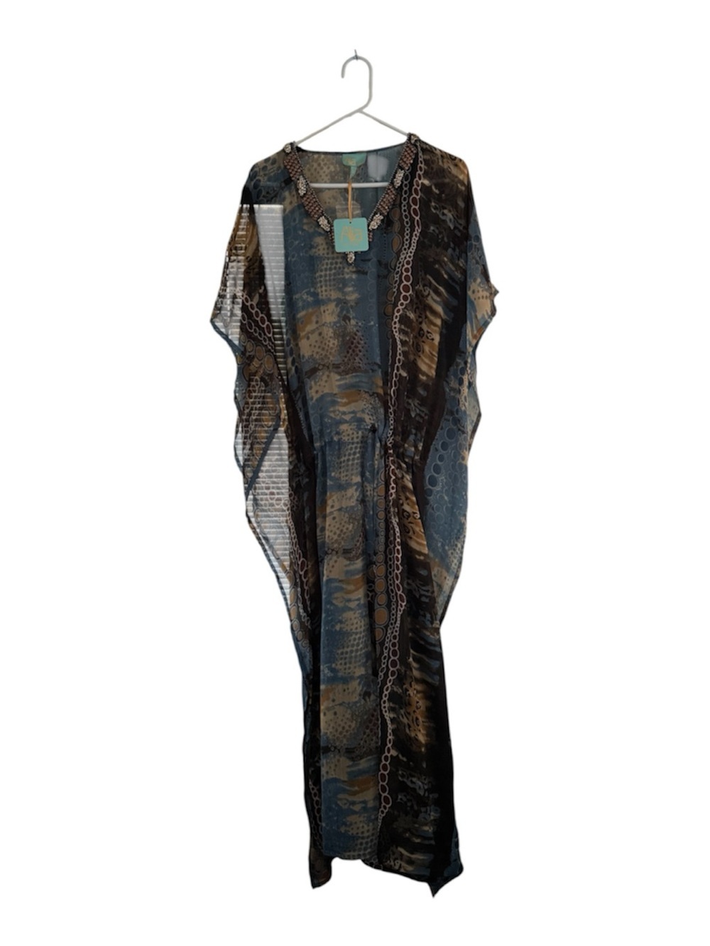 NWT Alia by Alia Women Large Kaftan Maxi Dress Blue Abstract Embellished